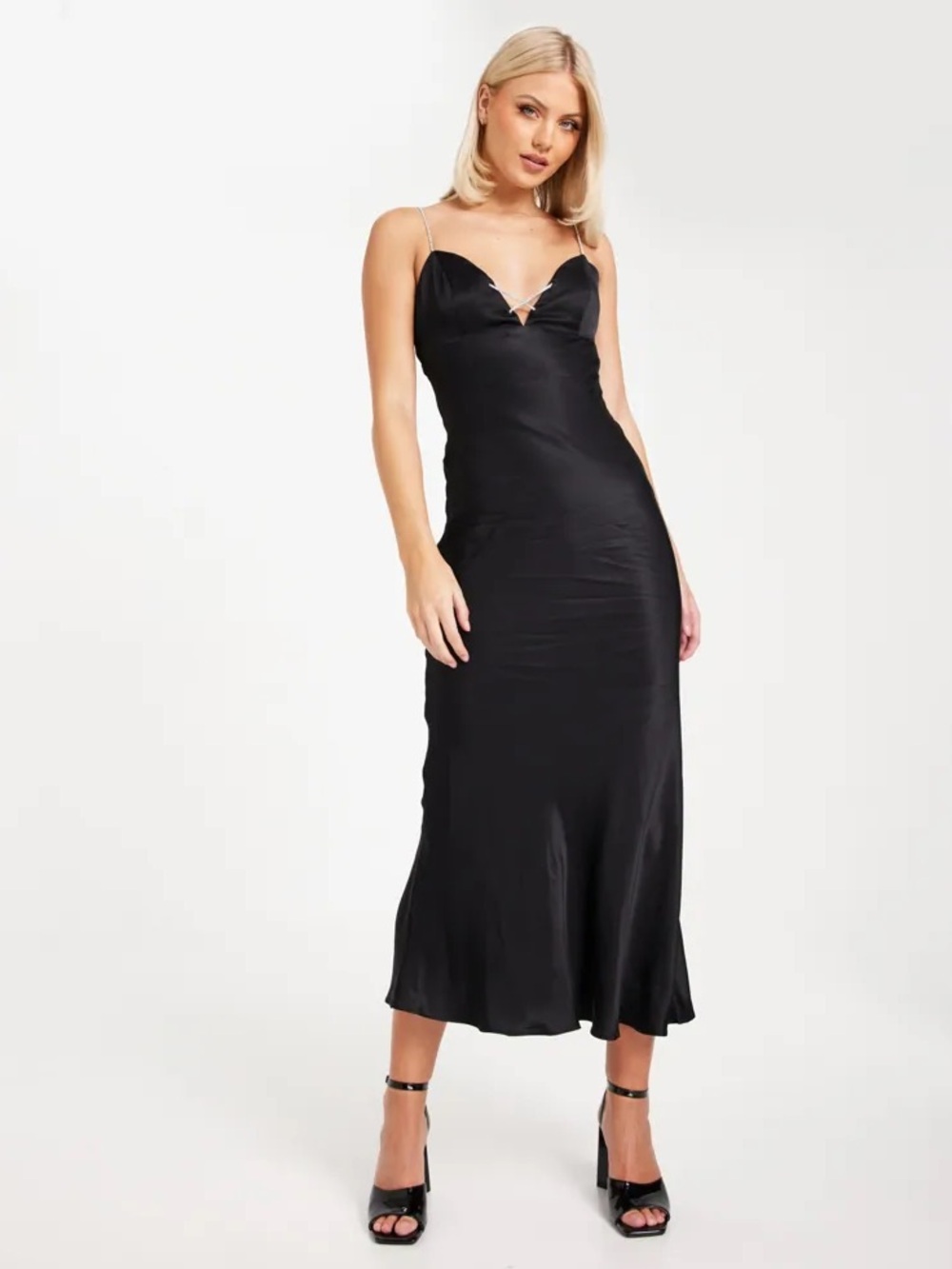 Bardot Black Satin Slip Midi Dress with Thin Crystal Straps